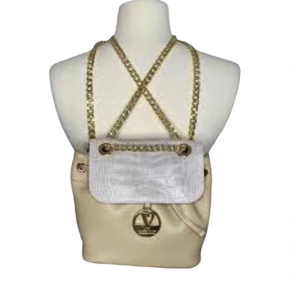 Valentina Backpack‎ Purse Beige Leather Croc Embossed Drawstring Travel Luxury